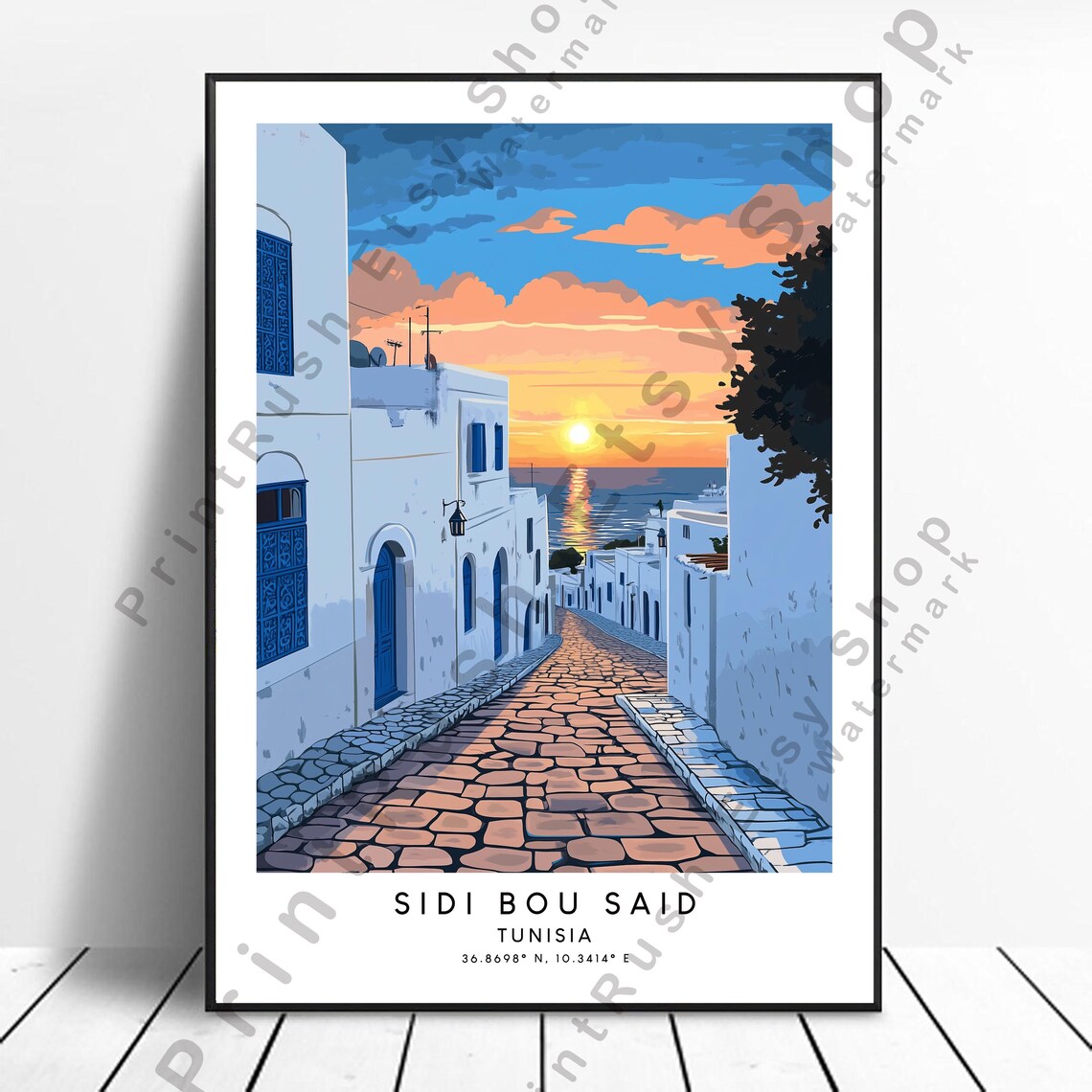 Sidi Bou Said Sunset Street Blue Doors Tunisia Coastal Travel Poster