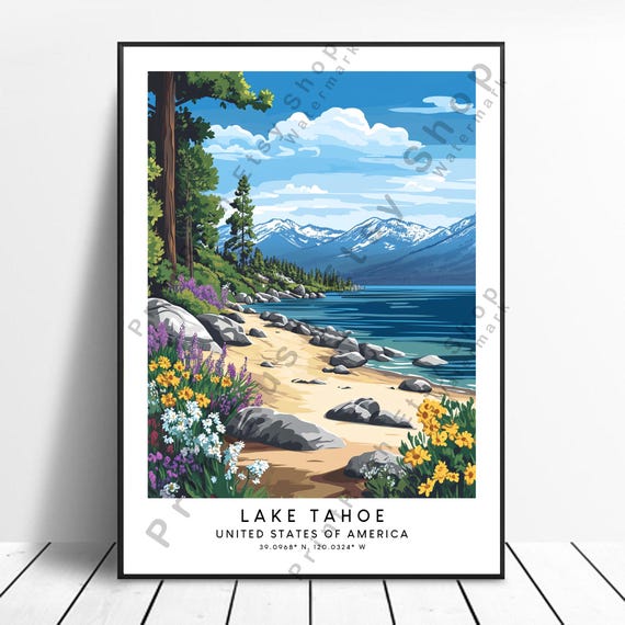 Lake Tahoe Travel Print Wall Hanging Art Colourful Home Dcor Illustration Gift
