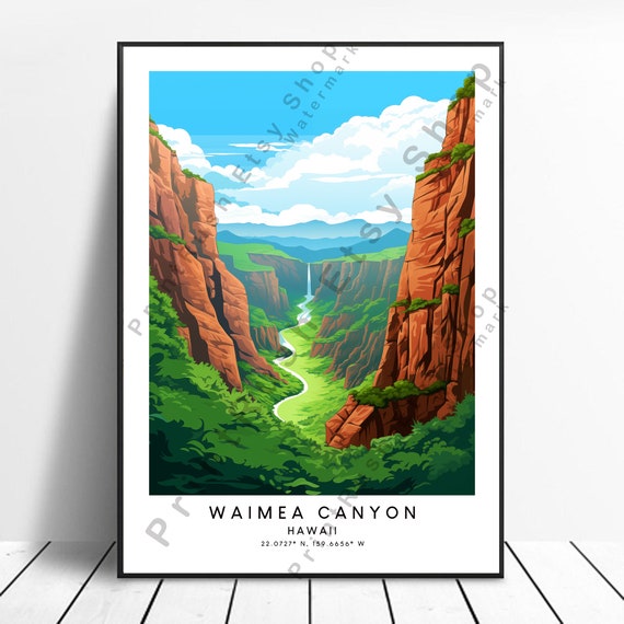 Hawaii Travel Print Waimea Canyon Poster Wall Art Decor Illustration Home Dcor Gift