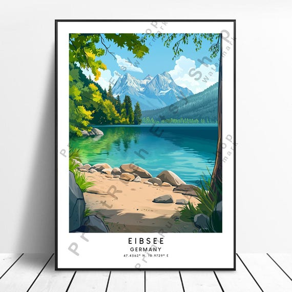 Bavarian Alps Travel Print Eibsee Lake Wall Art Poster Illustration Germany