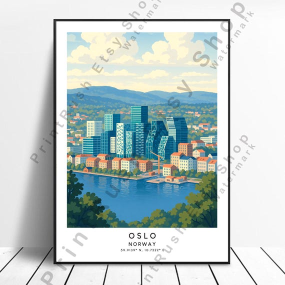Oslo Illustration Art Print Norway Colourful Wall Dcor Travel Poster Skyline Home Cityscape Artwork Gift