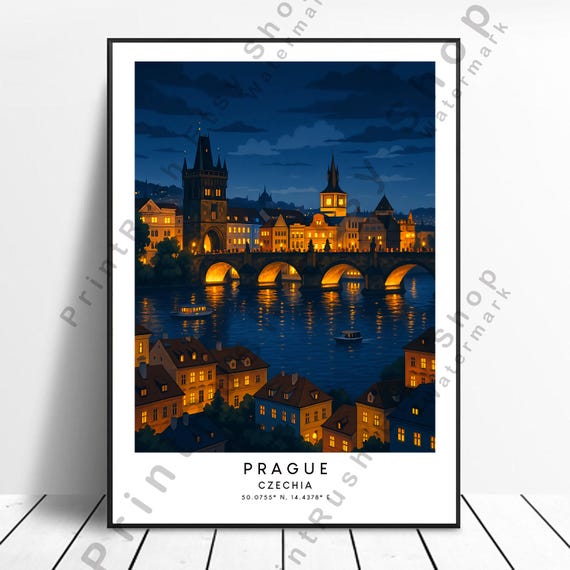 Prague Illustration Art Print Czechia Wall Decor Poster Travel Home Dcor Hanging Artwork Cityscape