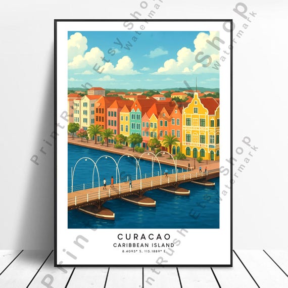 Curacao Travel Poster Caribbean Wall Art Illustration Colourful Home Dcor Print Curaao Dutch Island Gift
