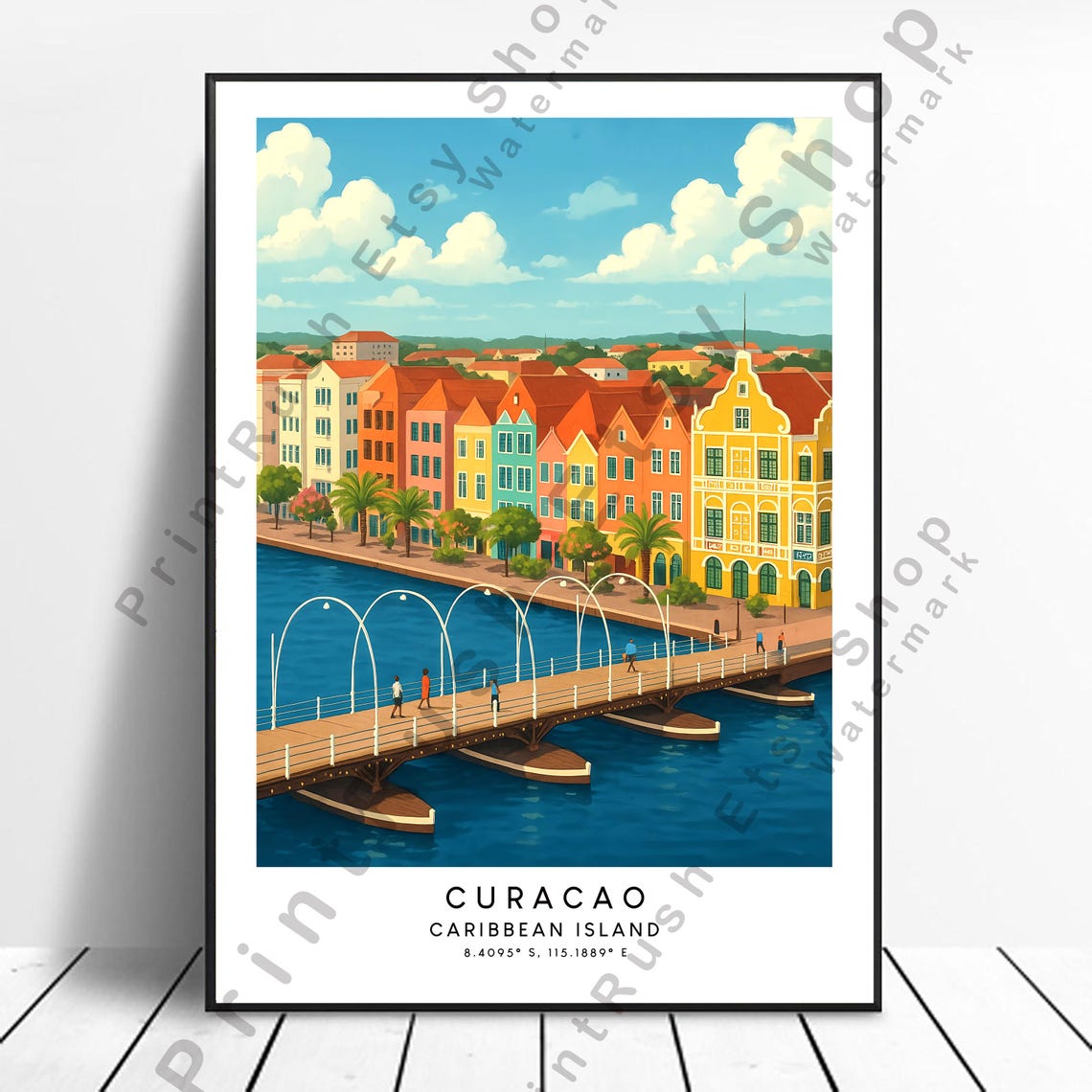 Curacao Caribbean Island Harbour Bridge Waterfront Travel Poster