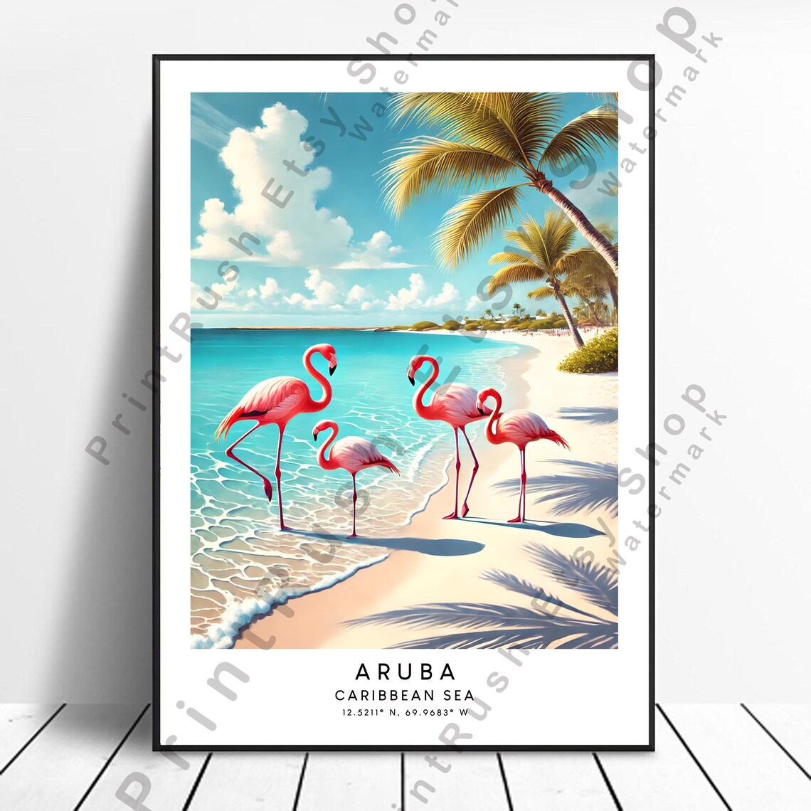 Aruba Flamingos Caribbean Beach Palm Trees Pink Tropical Poster