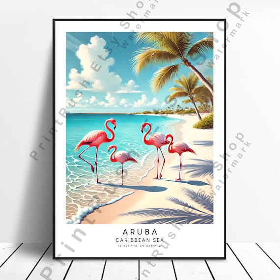 Aruba Flamingos Caribbean Beach Palm Trees Pink Tropical Poster
