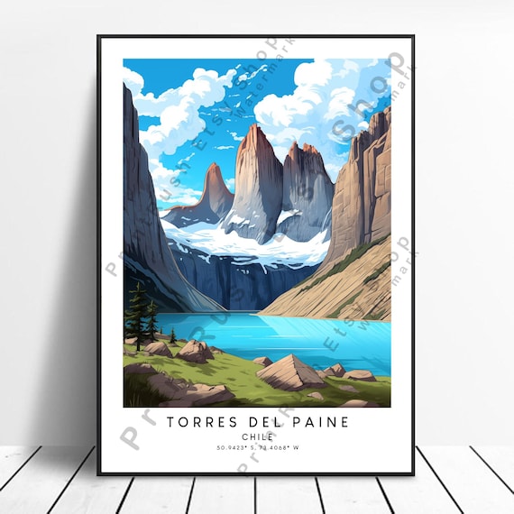 Torres Del Paine Chile Peaks Glacier Lake Coordinates Travel Poster