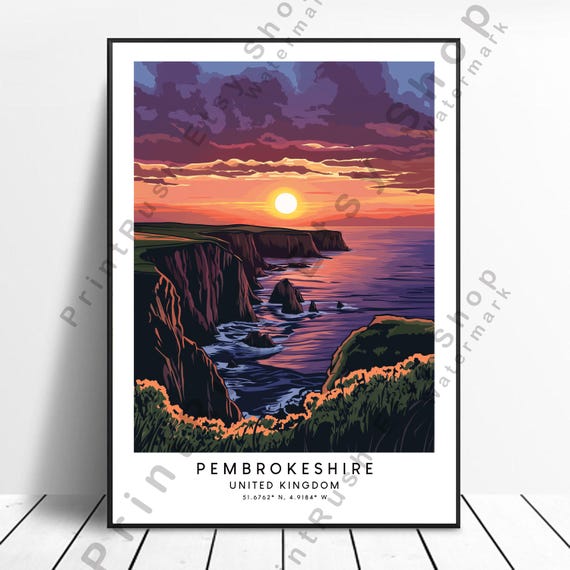 Pembrokeshire Coast Illustration Art Welsh Poster Cliffs Print Uk Landscape Home Dcor Cliffside Wall Hanging