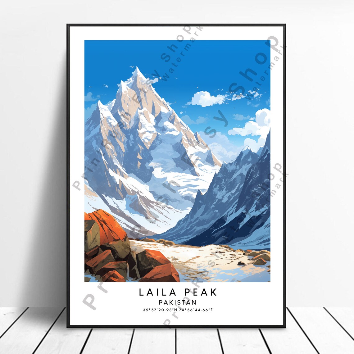 Laila Peak Pakistan Snowy Mountain Rock Peaks Minimalist Travel Poster