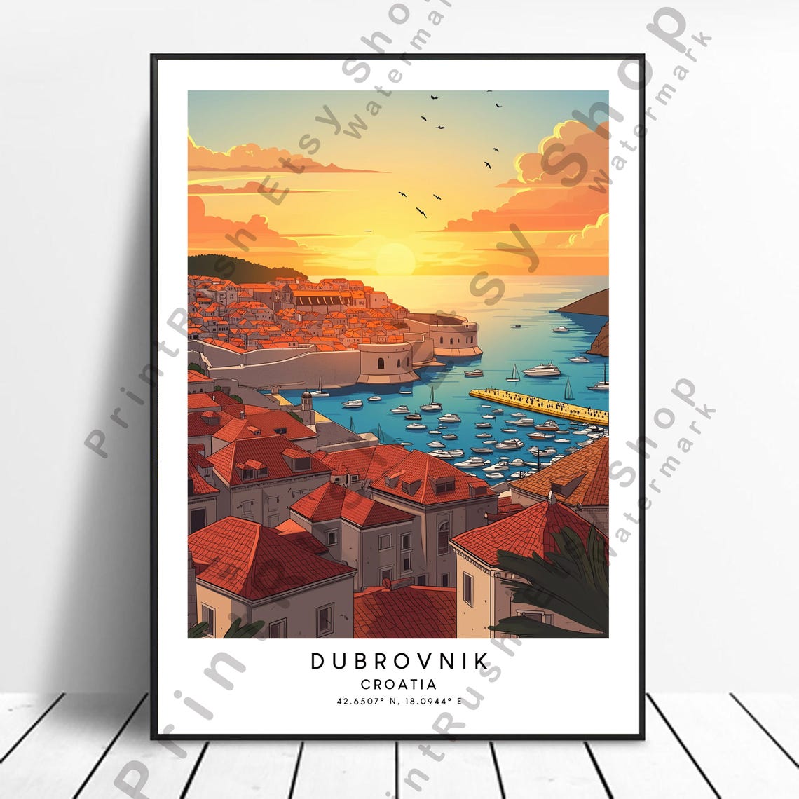 Dubrovnik Walled Old Town Sunset Harbor Croatia Travel Poster