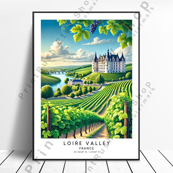 Loire Valley Travel Print France Castle Wall Art Landscape Decor French Countryside Poster Illustration