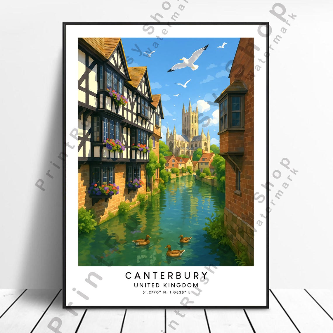 Canterbury England River Ducks Half Timbered Houses Travel Poster