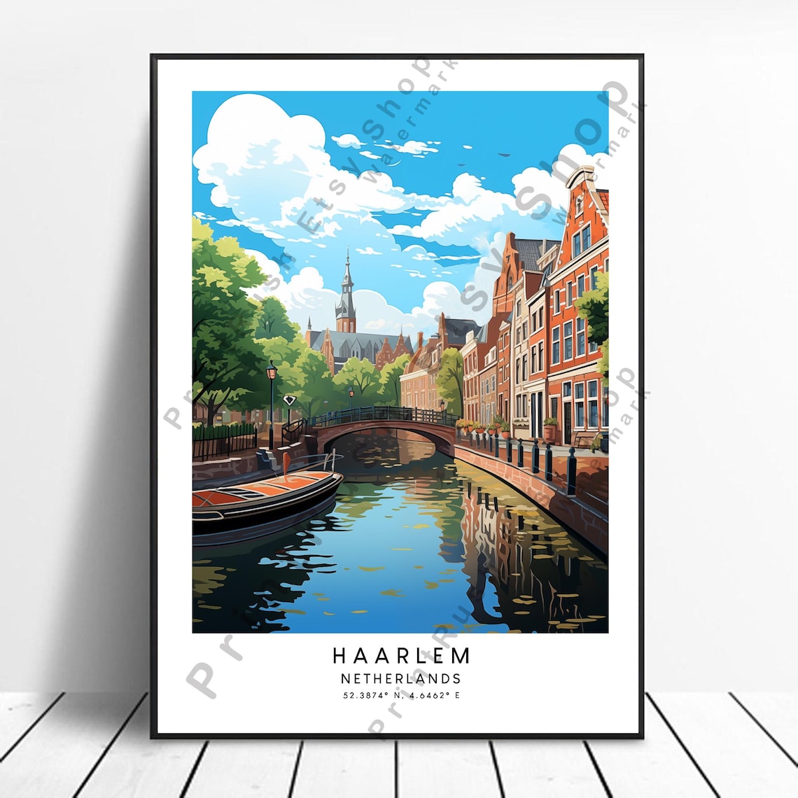 Haarlem Netherlands Canal Travel Poster Illustration with Map Coordinates