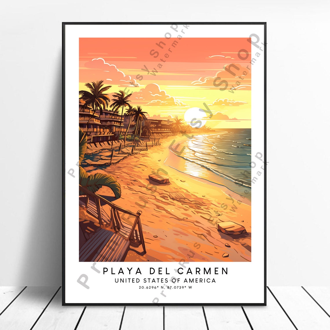 Playa Del Carmen Sunset Beach Boardwalk Palm Trees Travel Poster