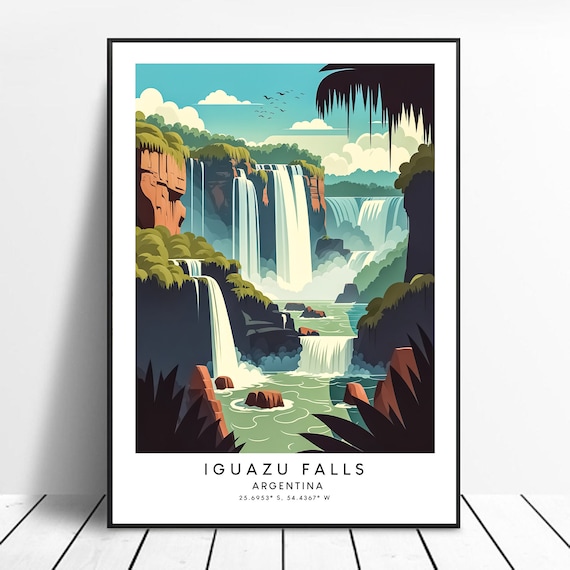 Iguazu Falls Argentina Waterfall Travel Illustration Vintage Style Poster