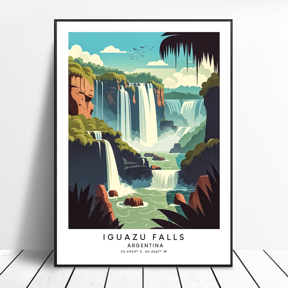 Iguazu Falls Argentina Waterfall Travel Illustration Vintage Style Poster