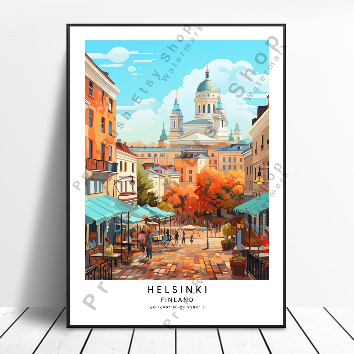 Helsinki Finland Cathedral Old Town Square Cobblestone Travel Poster