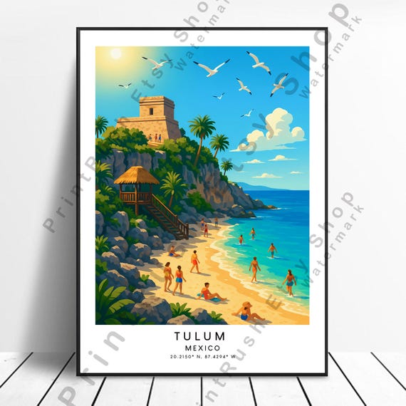 Tulum Illustration Art Mexico Travel Poster Home Dcor Wall Print Beach Hanging Gift