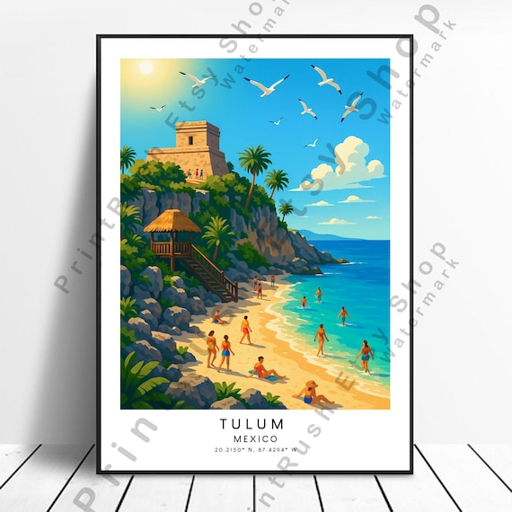 Tulum Mexico Mayan Temple Cliff Beach Retro Style Travel Poster