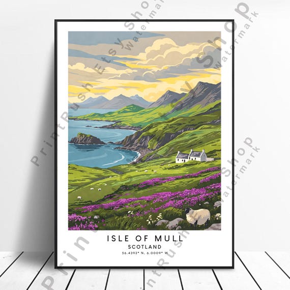 Isle Of Mull Travel Print Wall Art Poster Illustration Dcor Colourful Scotland Artwork