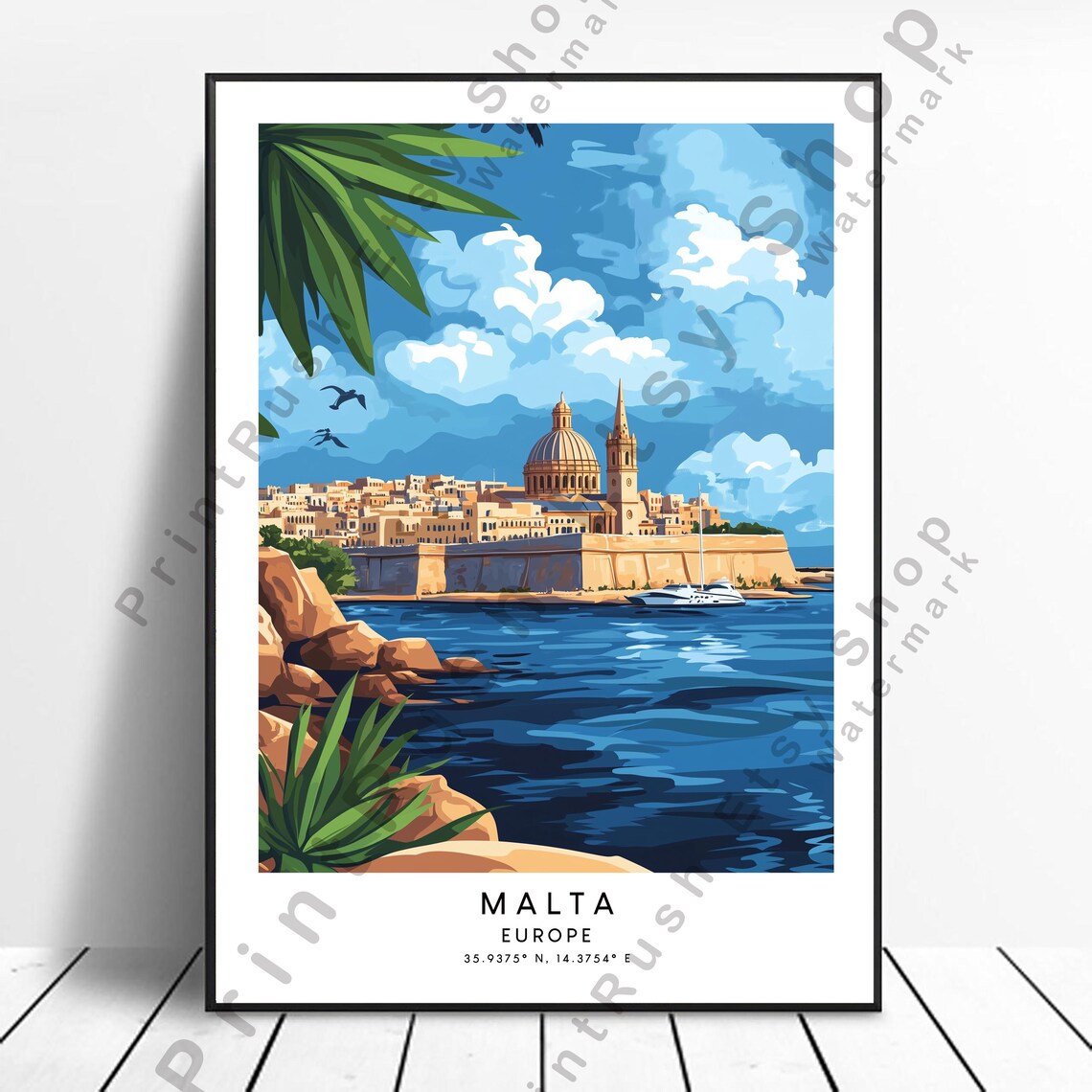 Malta Travel Poster Illustration, Valletta Wall Art Print