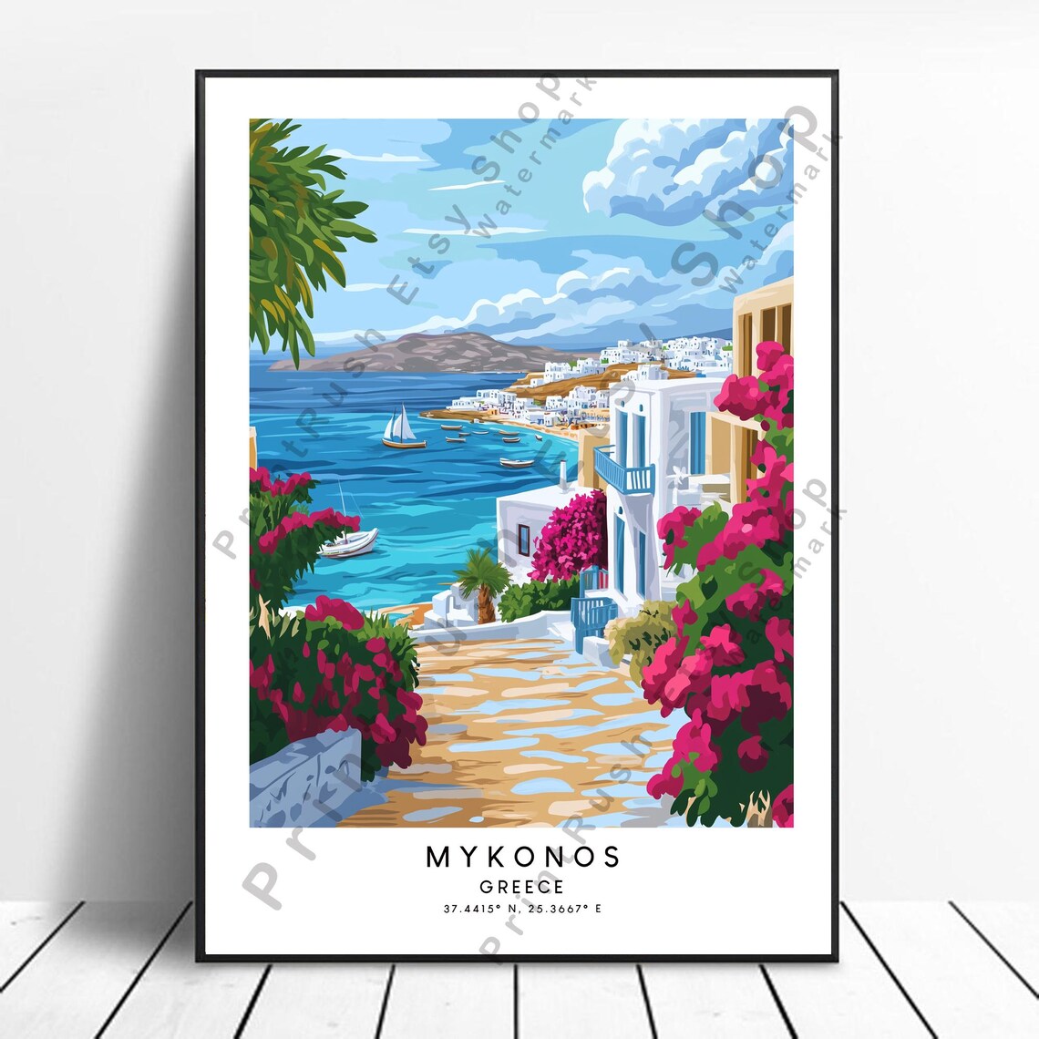 Mykonos Greece Bougainvillea Harbor Sailboats Daytime Travel Poster