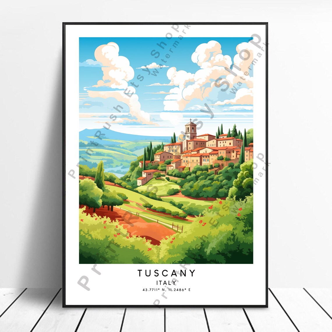 Tuscany Italy Rolling Hills and Hilltop Village Travel Poster