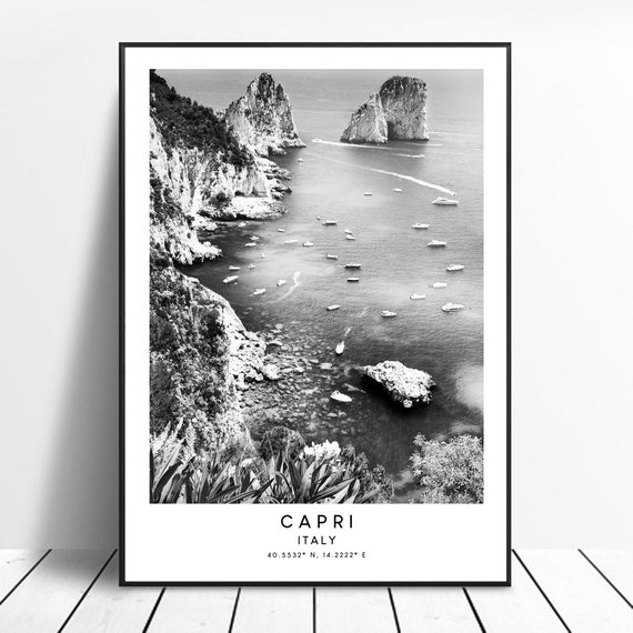 Capri Italy Travel Poster, Black And White Coordinates