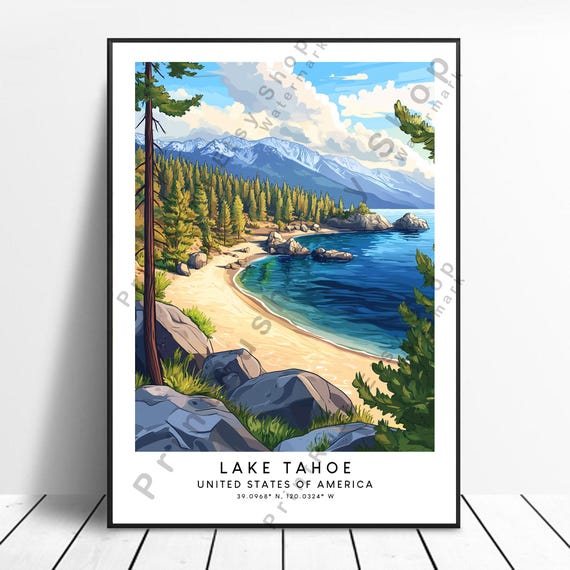 Lake Tahoe Poster Wall Art Print Colourful Home Dcor Hanging Illustration Gift Sierra Nevada