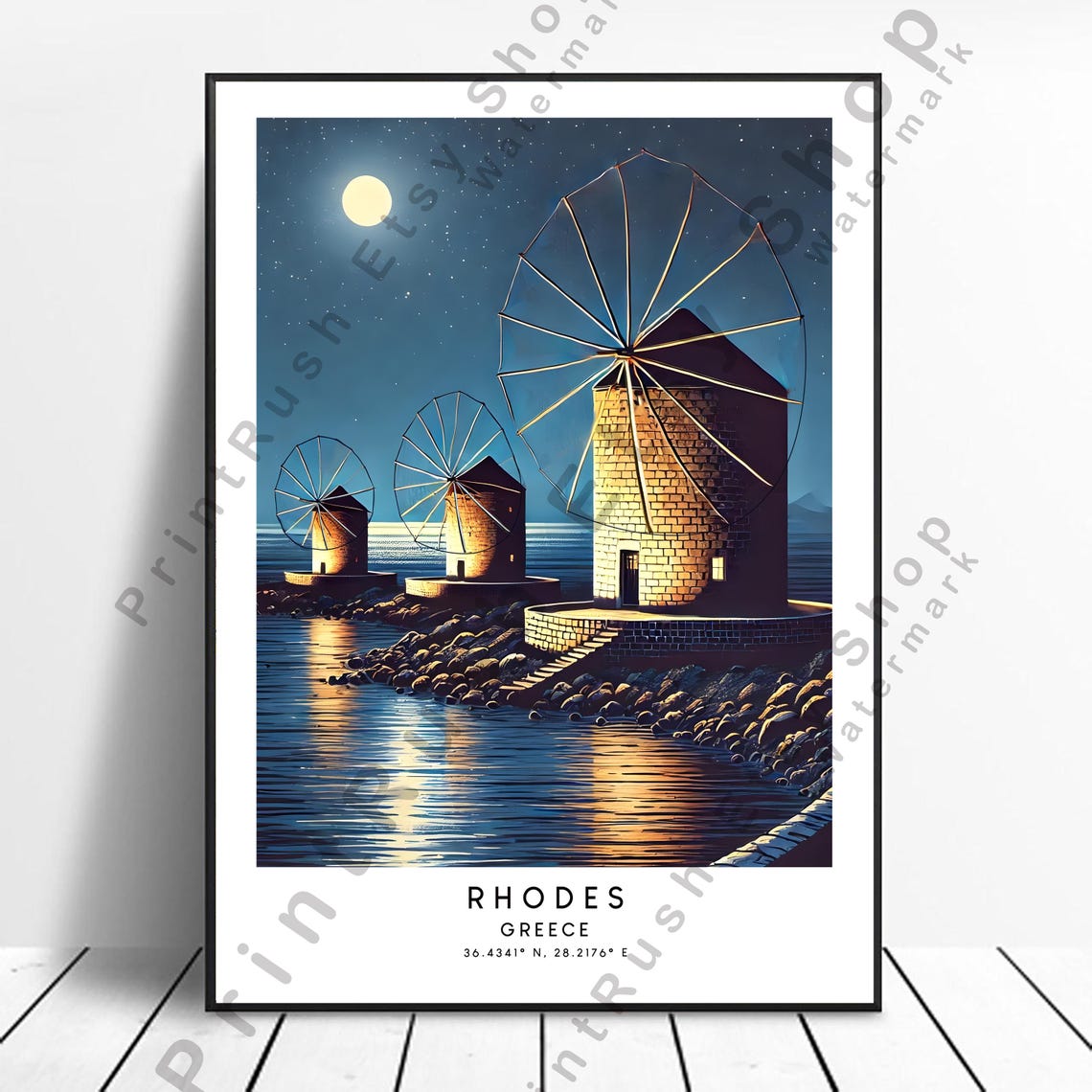 Rhodes Greece Windmills Moonlit Night Coastal Travel Art Poster
