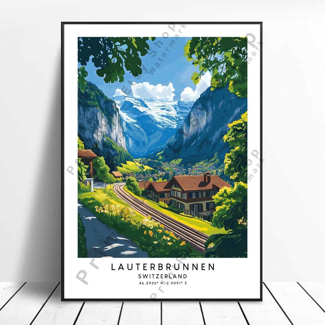 Lauterbrunnen Switzerland Alpine Railway Mountain Valley Travel Poster