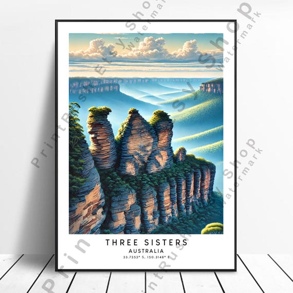 Three Sisters Illustration Blue Mountains Landscape Print Australia Poster Home Art Wall Colourful