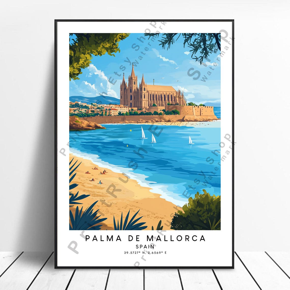 Palma De Mallorca Spain Cathedral Beach Scenic Seaside Travel Poster
