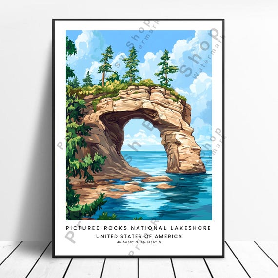 Michigan Travel Print Colourful Pictured Rocks National Lakeshore Wall Art Poster Illustration Gift