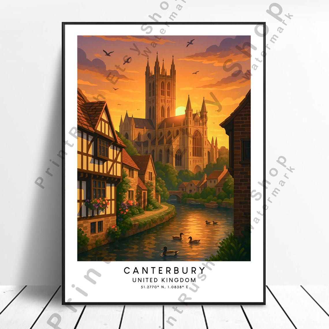 Canterbury Cathedral Sunset River Ducks England Vintage Travel Poster