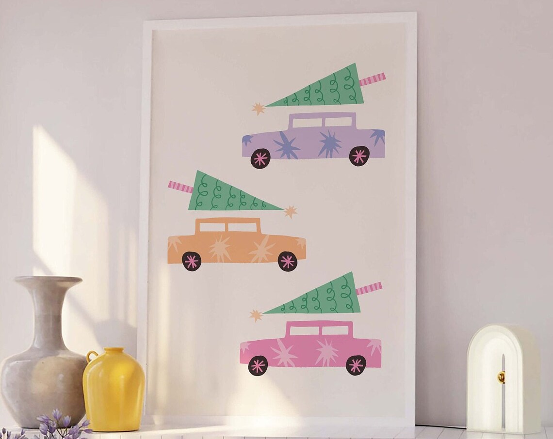 Pastel Cars Carrying Christmas Trees Retro Holiday Drive Poster