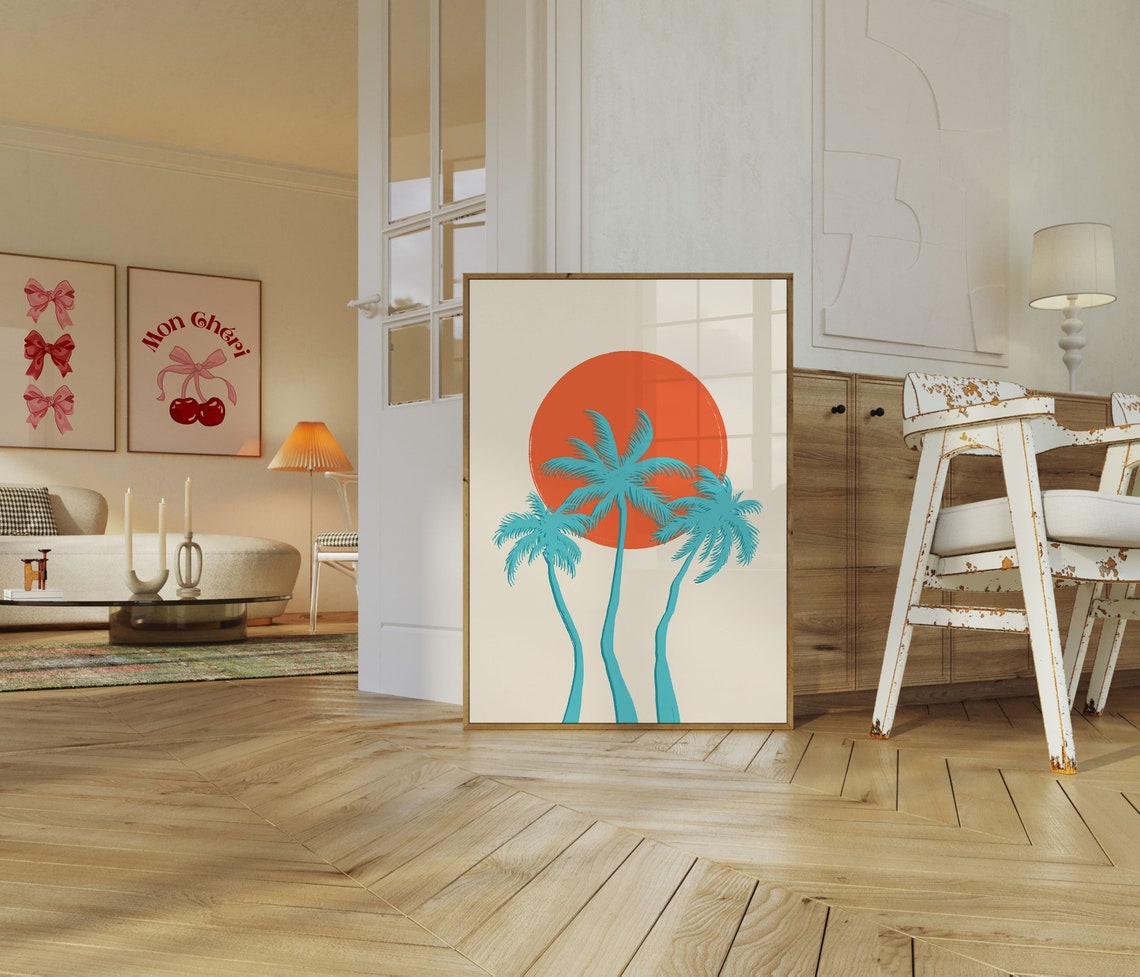 Fun Tropical Retro Teal Palm Trees Big Orange Sun Beach Poster - Image 3