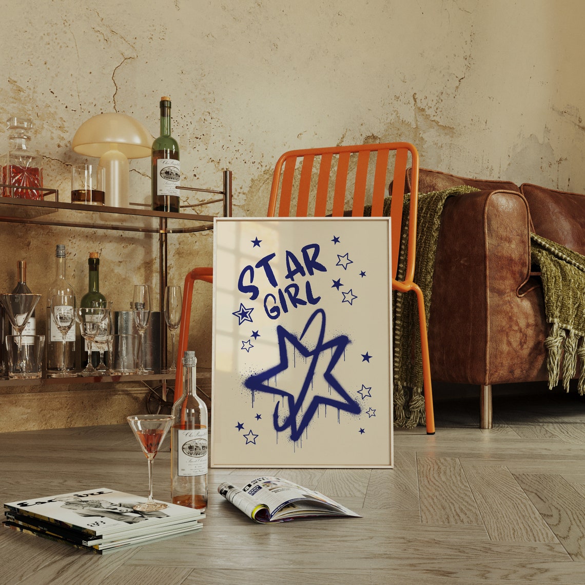 Star Girl Navy Graffiti Stars Retro Street Art Trendy Poster - Image 2