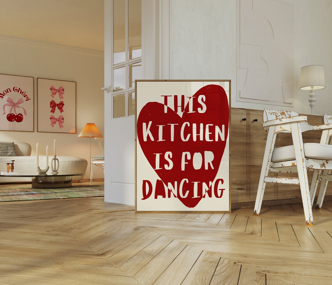 This Kitchen Is For Dancing Print Aesthetic Kitchen Decor Cute Dance Art Red Kitchen Wall Art Heart Print Trendy Kitchen Poster - Image 4