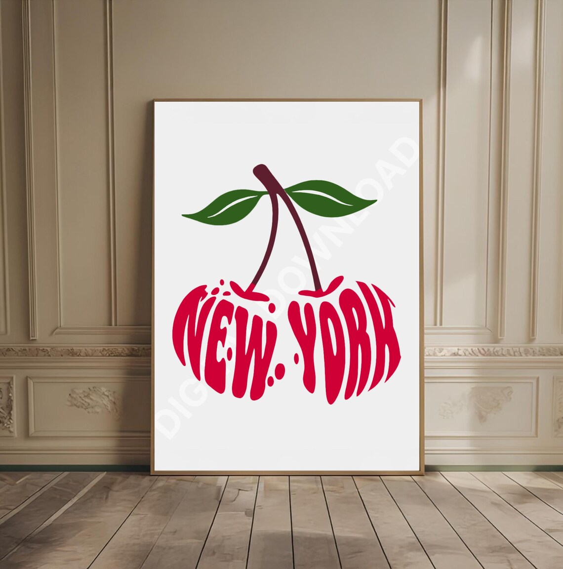 New York Cherry Lettering Bold Red Retro Typography Art Poster