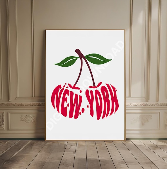 New York Cherry Lettering Bold Red Retro Typography Art Poster