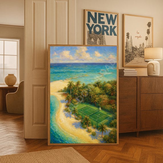 Tennis Court Print Country Club Decor Sports Lover Gift Trendy Green Textured Wall Art Coastal Painting