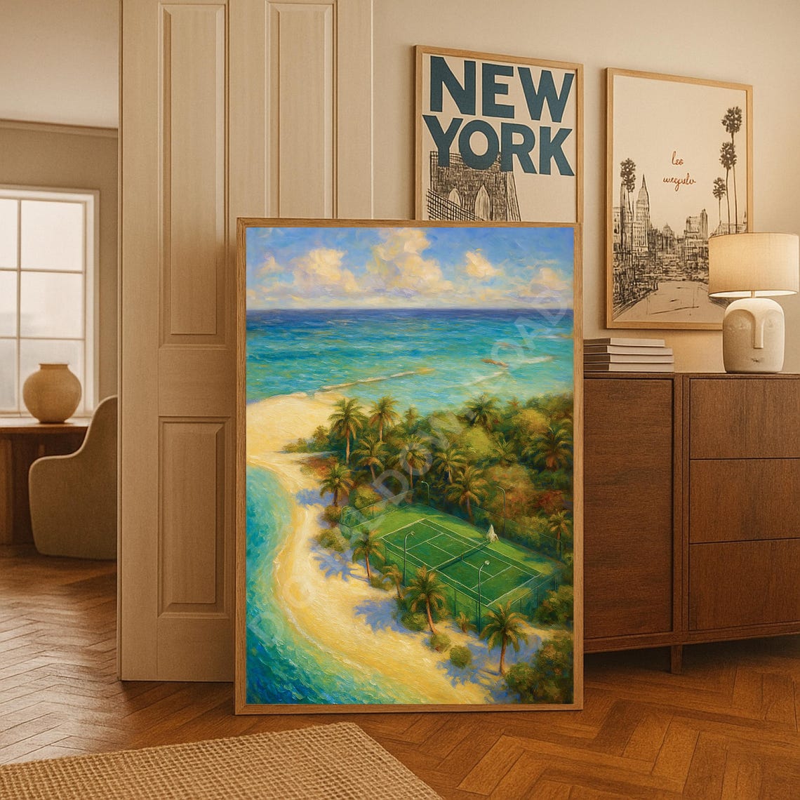 Tennis Court Print Country Club Decor Sports Lover Gift Trendy Green Textured Wall Art Coastal Painting