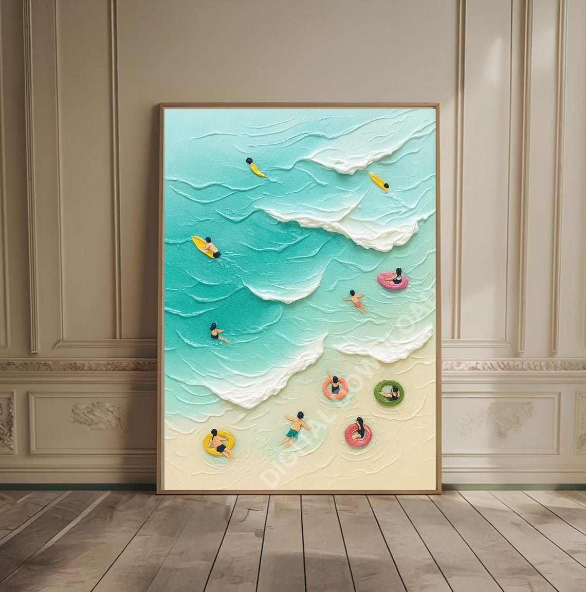 Aerial Turquoise Beach with Tiny Swimmers Impasto Ocean Art Print