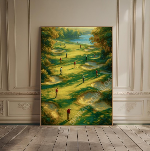 Tiny Golfers Painting Poster on Green Fairway Course Lakeside Sport