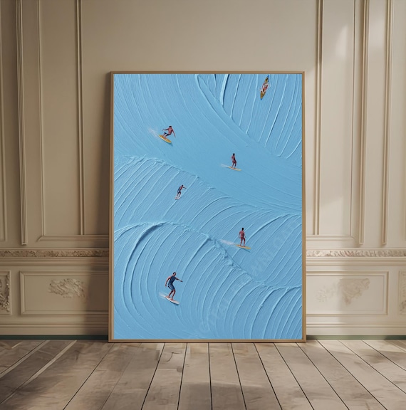Aerial Surfers Riding Blue Ocean Waves Impasto Oil Painting Art Print