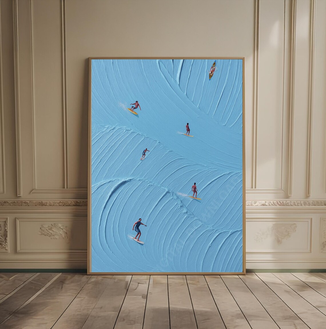 Aerial Surfers Riding Blue Ocean Waves Impasto Oil Painting Art Print