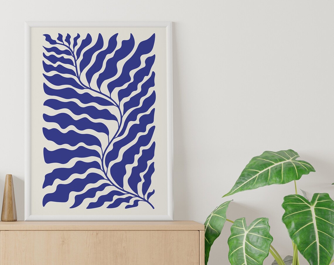 Cobalt Blue Wavy Fern Botanical Abstract Paper Cut Out Art Poster