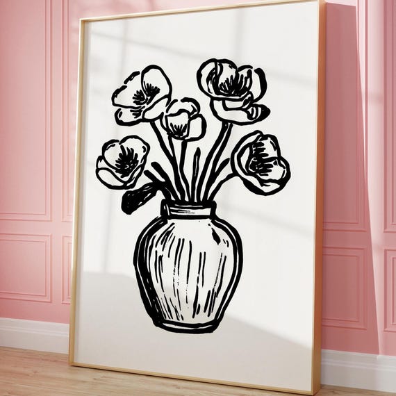 Flower Vase Print Abstract Botanical Art Modern Wall Neutral Poster Mid Century