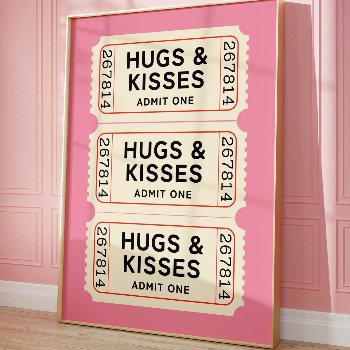 Hugs And Kisses Admit One Pink Ticket Stub Trio Cute Love Poster